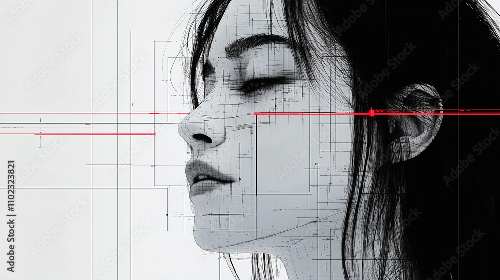 Poster digital art depicting a woman's profile with geometric patterns and red lines in a futuristic style.