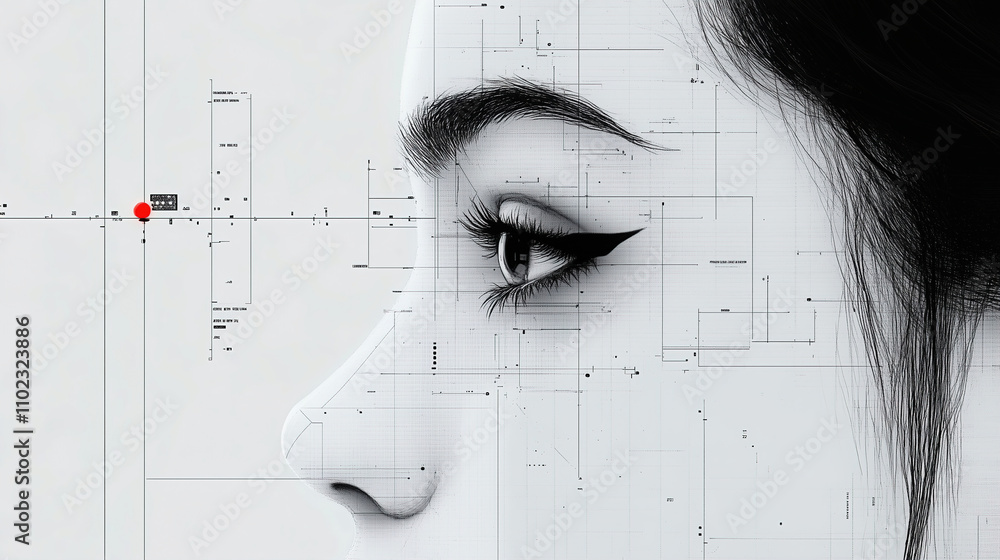 Poster digital art featuring a woman's profile with abstract geometric patterns and lines in a minimalistic