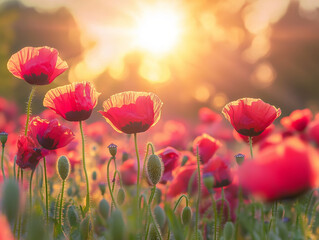 Obraz premium Blühendes Feld im Sonnenuntergang mit bunten Blumen