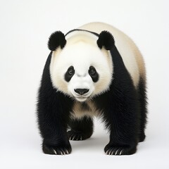 Fototapeta premium Close-Up of a Giant Panda Standing on All Fours Displaying Unique Black and White Fur in a Neutral Background Ideal for Wildlife and Nature Themes