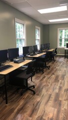 Spacious computer lab featuring rows of monitors and keyboards with teacher s desk and windows