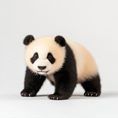 Fototapeta premium Adorable young panda cub with black and white fur striking a playful pose against a clean and simple background, exuding charm and curiosity for wildlife enthusiasts and animal lovers.
