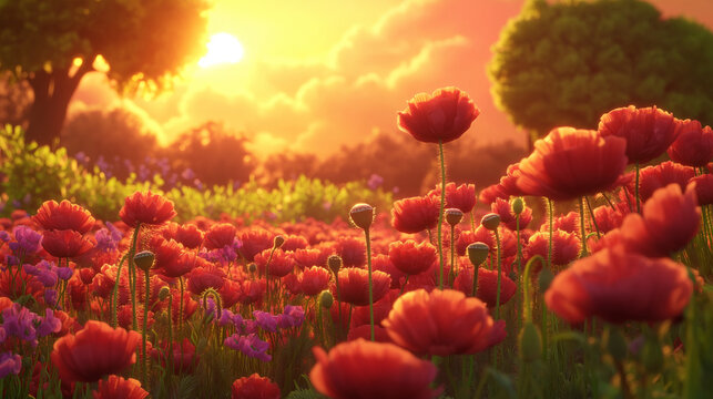Bl&uuml;hendes Feld im Sonnenuntergang mit bunten Blumen


