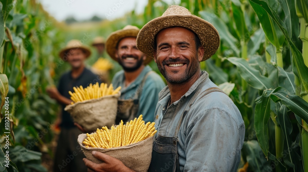 Poster man wearing a straw hat is smiling and holding a basket of corn. he is surrounded by other men who a