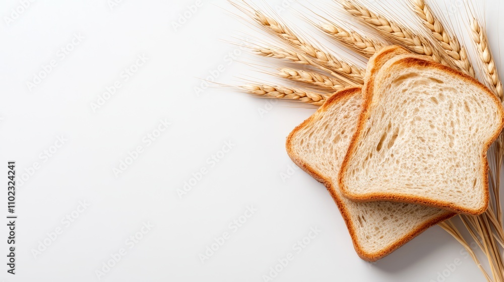 Poster close up of two slices of bread with a few grains of wheat on top. the bread is toasted and the whea