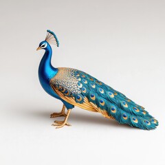 Obraz premium Elegant Colorful Peacock Displaying Vibrant Feathers in Artful Pose Against Neutral Background for Unique Decorative and Nature Inspired Projects