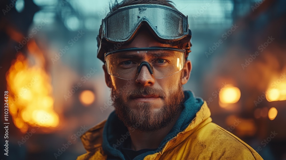 Poster man in a yellow jacket with goggles on his face. he is looking at the camera. the image has a mood o