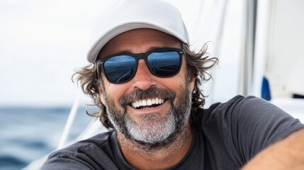 Man with a white hat and sunglasses is smiling. He is wearing a black shirt and has a beard
