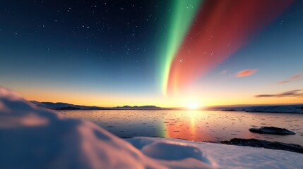 Stunning aurora borealis illuminates the sky over a tranquil frozen lake at sunrise, blending vibrant colors of nature with a serene icy landscape in Arctic region.