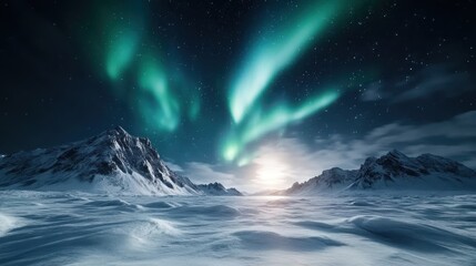 Fototapeta premium The northern lights glow vibrantly over a vast snowy plain, surrounded by jagged mountains, under a celestial midnight sky creating a scene of pure tranquility.