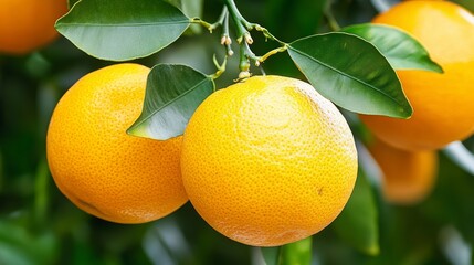 Three oranges hanging from a tree. The oranges are ripe and ready to be picked. The leaves are green and healthy