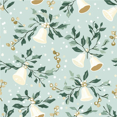 Materiał do szycia Vector Minimal seamless pattern of Christmas bells and mistletoe