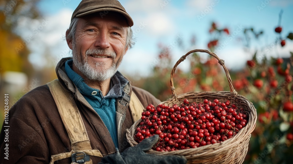 Poster man is holding a basket full of red berries. he is smiling and he is happy