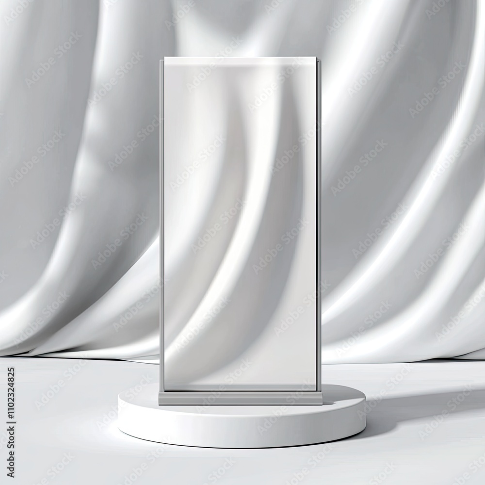 Poster elegant display stand with empty frame surrounded by soft satin fabric in a minimalist studio settin