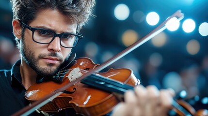 A young violinist in a black shirt plays with intense focus and passion during a live performance...