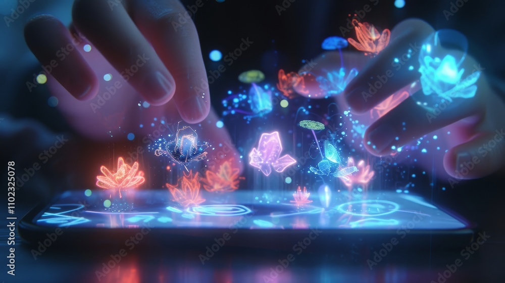 Poster a pair of hands interact with holographic butterflies and glowing elements floating above a smartpho
