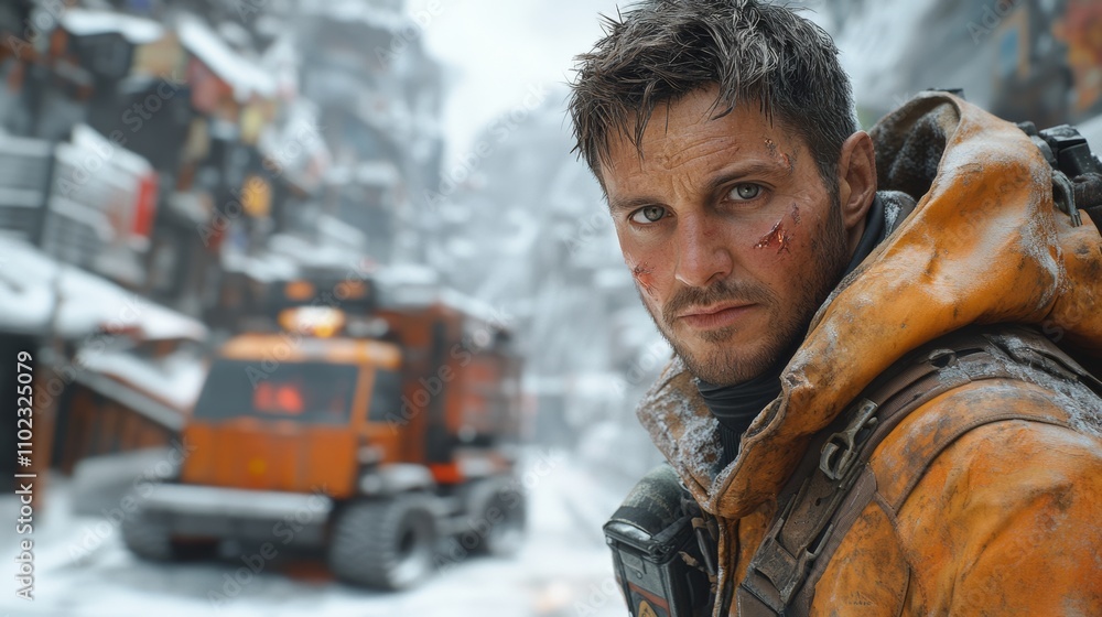 Poster man in a yellow jacket stands in front of a truck. he is wearing a backpack and he is in a snowy env