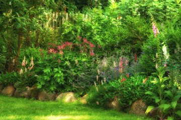 Garden, lawn and flowers for landscaping by home with spring growth, blooming season or ecology. Floral design, plants and eco friendly backyard for sustainability, gardening or natural environment