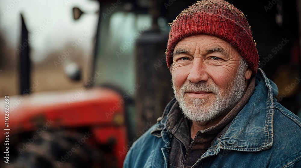 Poster man wearing a red hat and a blue jacket is standing in front of a tractor. he has a smile on his fac