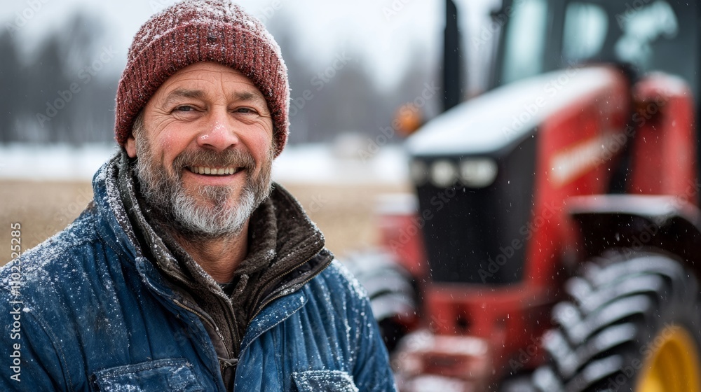Poster man wearing a blue jacket and a red hat is smiling in front of a tractor. the tractor is red and has