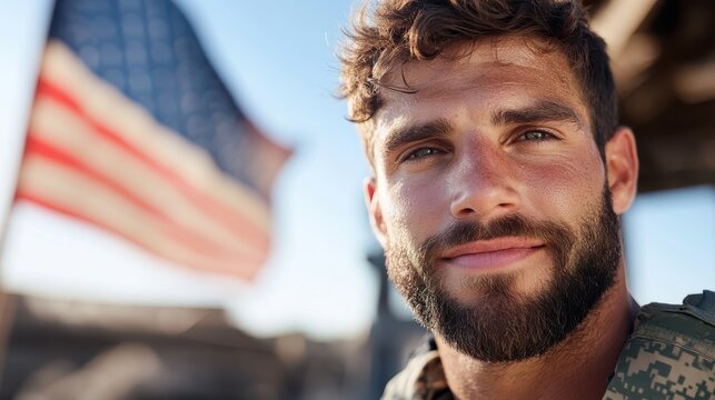 A rugged soldier with a beard smiles confidently before an American flag backdrop, symbolizing patriotism and determination during a sunny day.