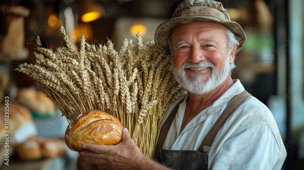Poster man is holding a loaf of bread and a bunch of wheat. he is smiling and he is happy