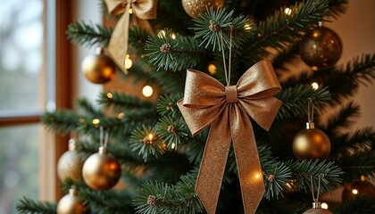 Decorative Christmas tree with golden ornaments and bow in cozy indoor setting