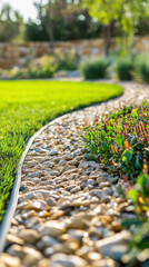 Decorative gravel path winding through lush green garden in backyard