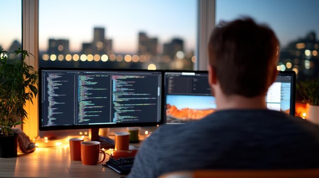 A man intensely analyzing complex code on dual monitors, depicting concentration and expertise in programming with a beautiful urban sunset backdrop.