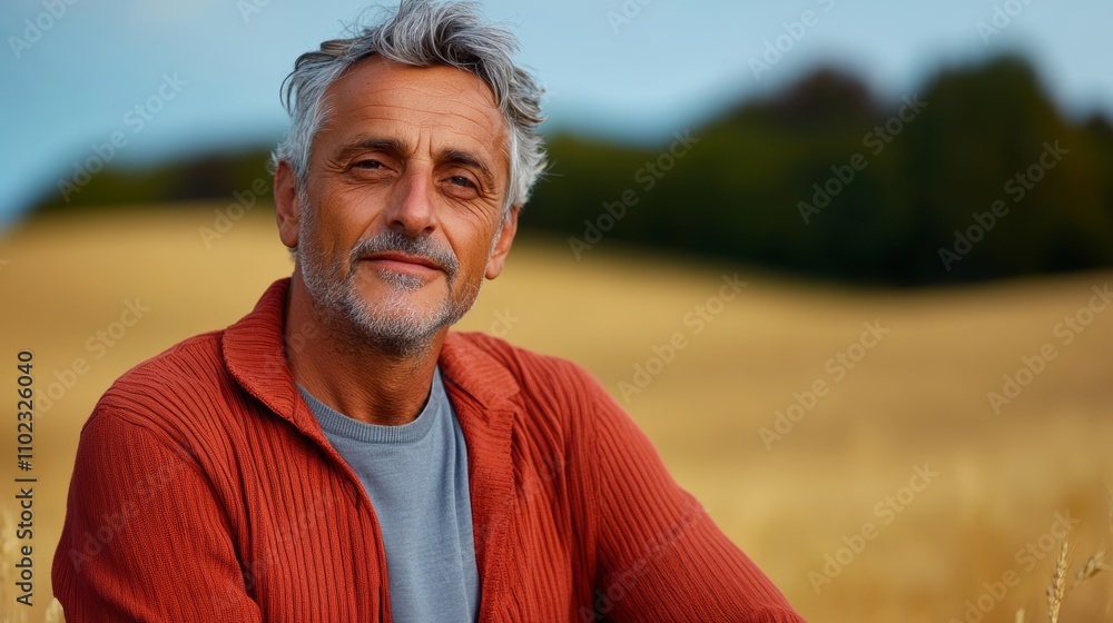 Poster man in a red sweater is smiling in a field. scene is cheerful and relaxed