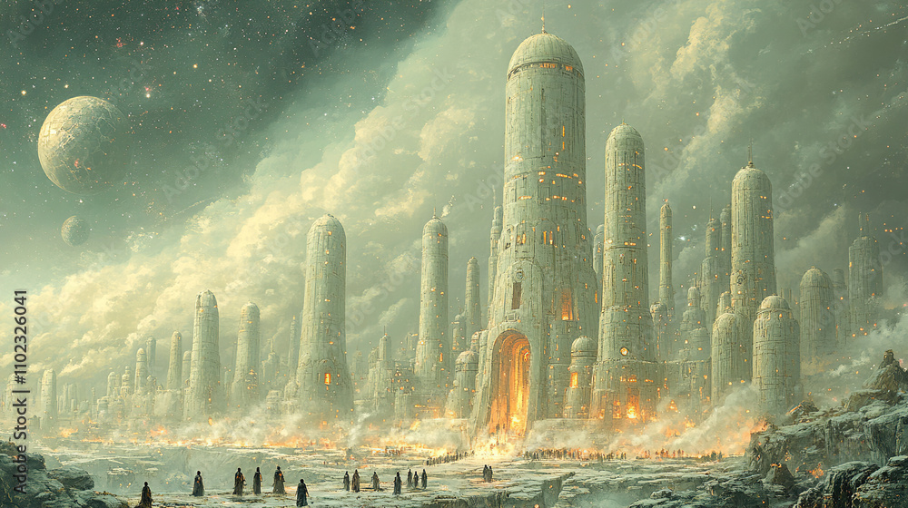 Aufkleber futuristic cityscape with towering structures under a cloudy sky and distant planets visible at twil