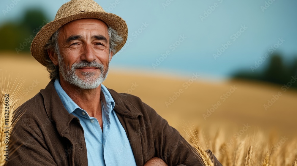 Poster man wearing a straw hat and a brown jacket is sitting in a field of wheat. he is smiling and he is e