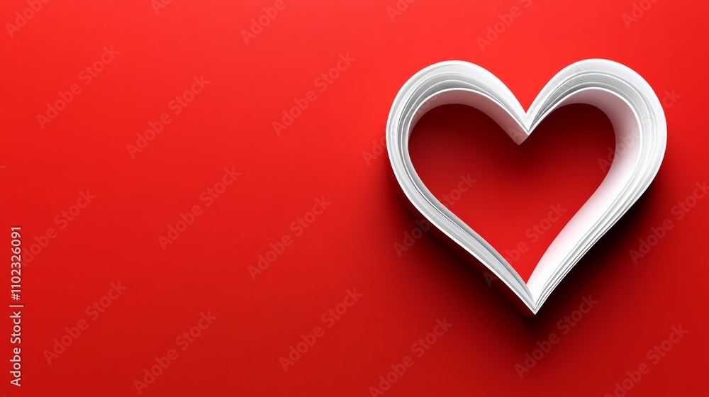 Poster red background with a white heart in the middle. the heart is cut out of paper and is placed on the 