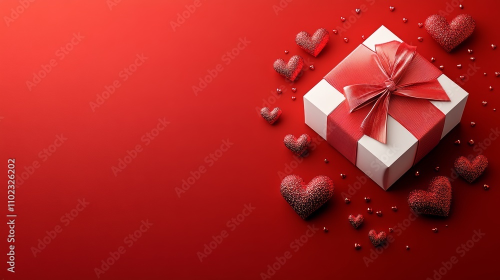 Poster red box with a red bow on top of a red background. the box is surrounded by many hearts
