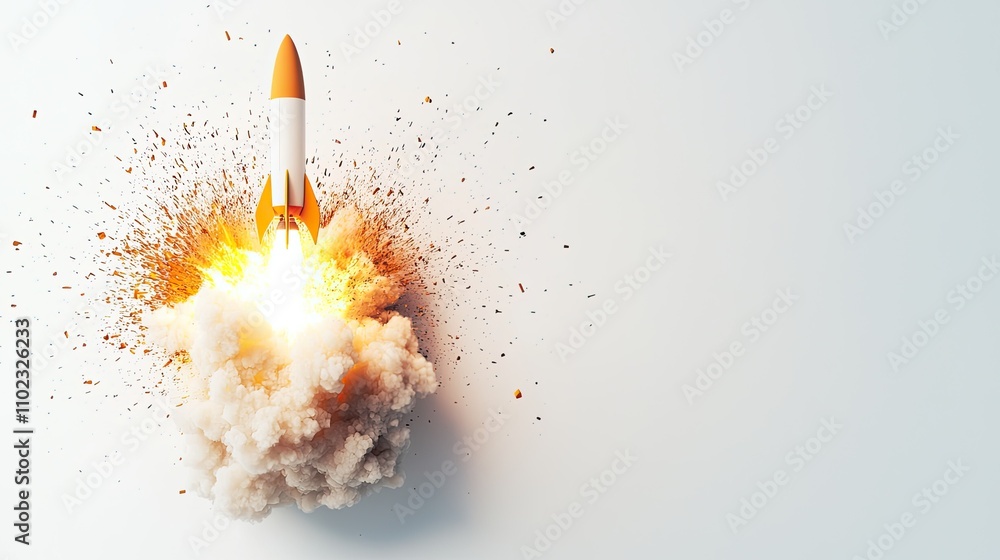 Poster dynamic rocket launch with explosive flames and smoke against a minimalist background showcasing inn