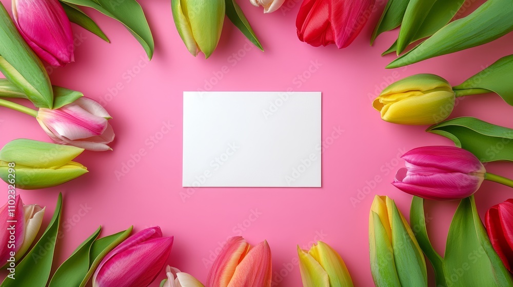 Poster white card is placed in the center of a bouquet of flowers. the card is blank, but it could be used 
