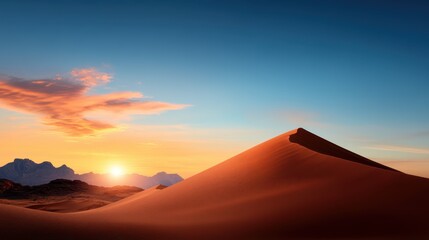 A breathtaking view of a desert landscape featuring a towering sand dune and a vibrant sunset, creating a dramatic and captivating natural scene.