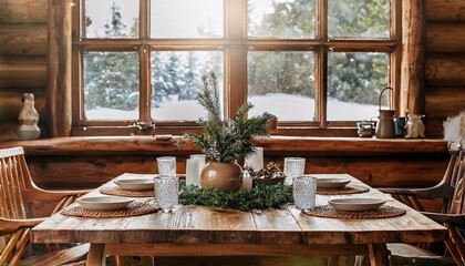 Fototapeta premium Wooden Dining Table with Winter Decor