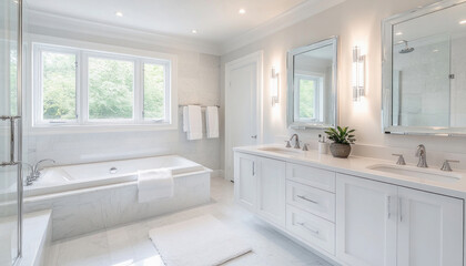 Modern white bathroom with double sink vanity and soaking tub