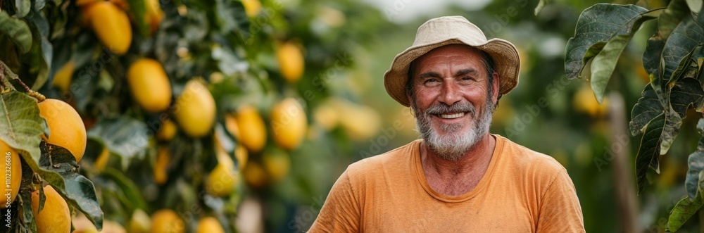Poster man in a straw hat stands in front of a tree full of lemons. he is smiling and he is enjoying his ti