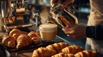 Obraz premium Professional Barista Skillfully Steaming Milk for a Perfectly Crafted Latte with Freshly Baked Croissants in a Cozy Coffee Shop Setting