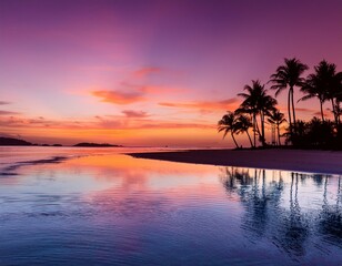 tropical beach sunset silhouetting a variety of palm trees, gradient sky from deep orange