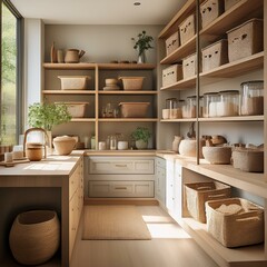 Fototapeta premium stylish kitchen pantry with organized shelves and woven baskets chic storage solutions