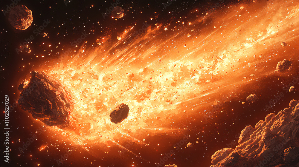 Poster bright comet streaking through space with fiery tail among asteroids in a cosmic scene. generative a