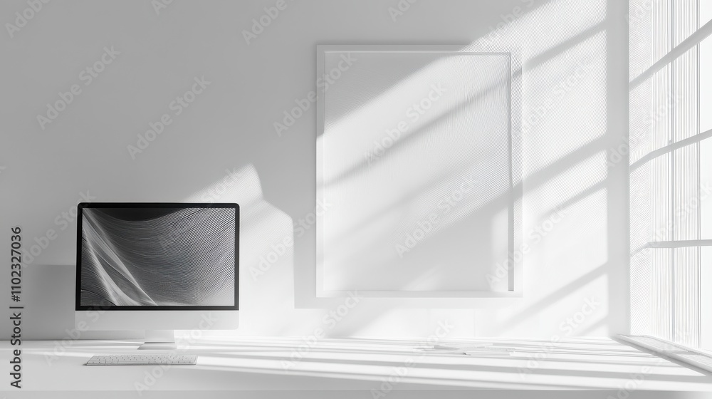 Poster minimalist workspace with sunlight flowing through the window