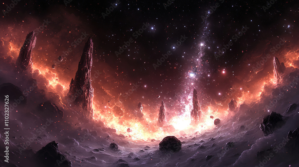 Aufkleber exploration of cosmic landscapes with towering formations and starry backdrop in a vast universe. ge