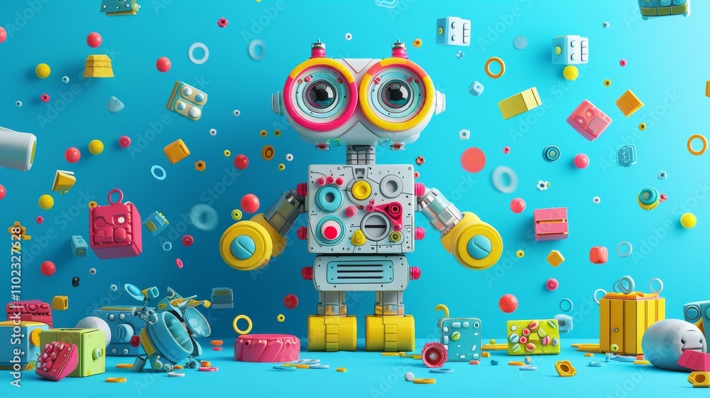 Poster a cheerful robot in a vibrant environment filled with playful toy blocks floating in mid-air, emphas