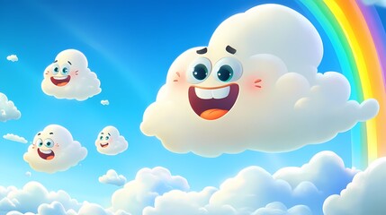 Happy cartoon clouds playing under a bright rainbow in the sky