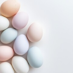 Colorful easter eggs arranged artistically on a light surface, celebrating spring\'s arrival with pastel hues