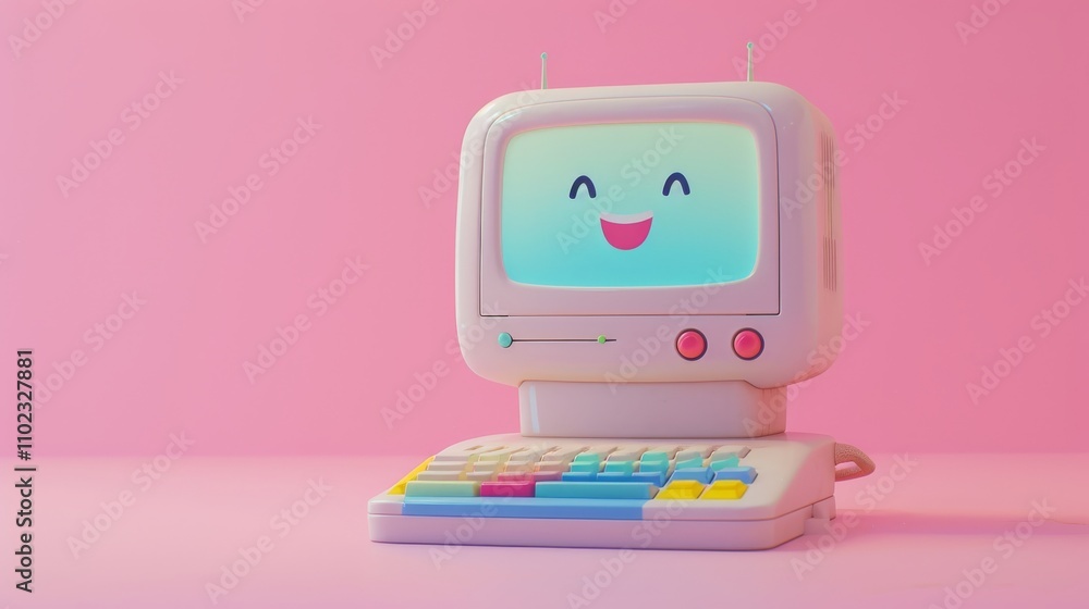 Poster a toy-like computer with colorful keys and a cheerful face on the screen, set against a pink backgro